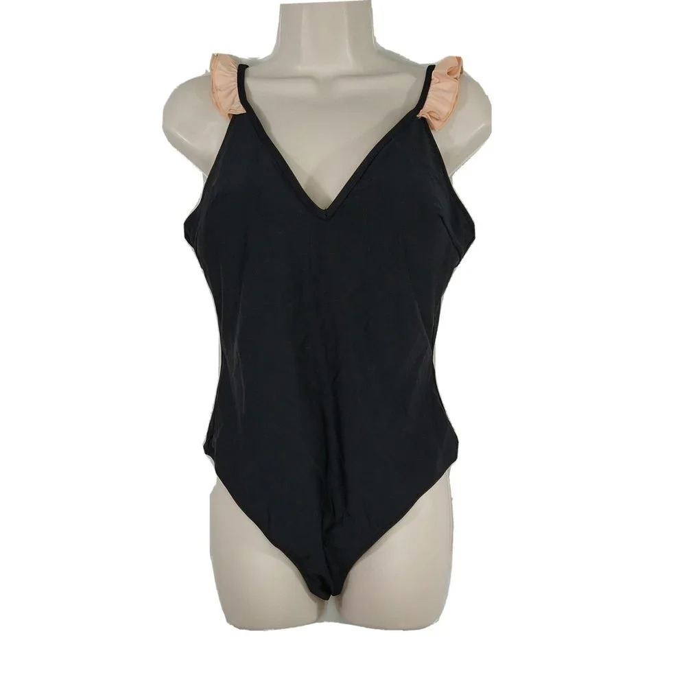 Cupshe One Piece Swimsuit Women Size M Black Coral Ruffle Open Back Padded